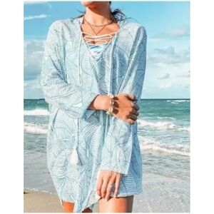 Charlie Holiday Blue White Palm Leaf Hooded Lace Up Beach Cover Up Tunic Size 8